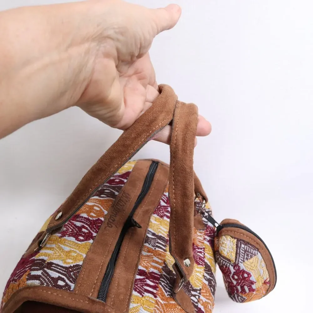 Vtg Guatemalan Duffle Handbag S Multicolor Embroidered w Pouch Purse Satchel Bag